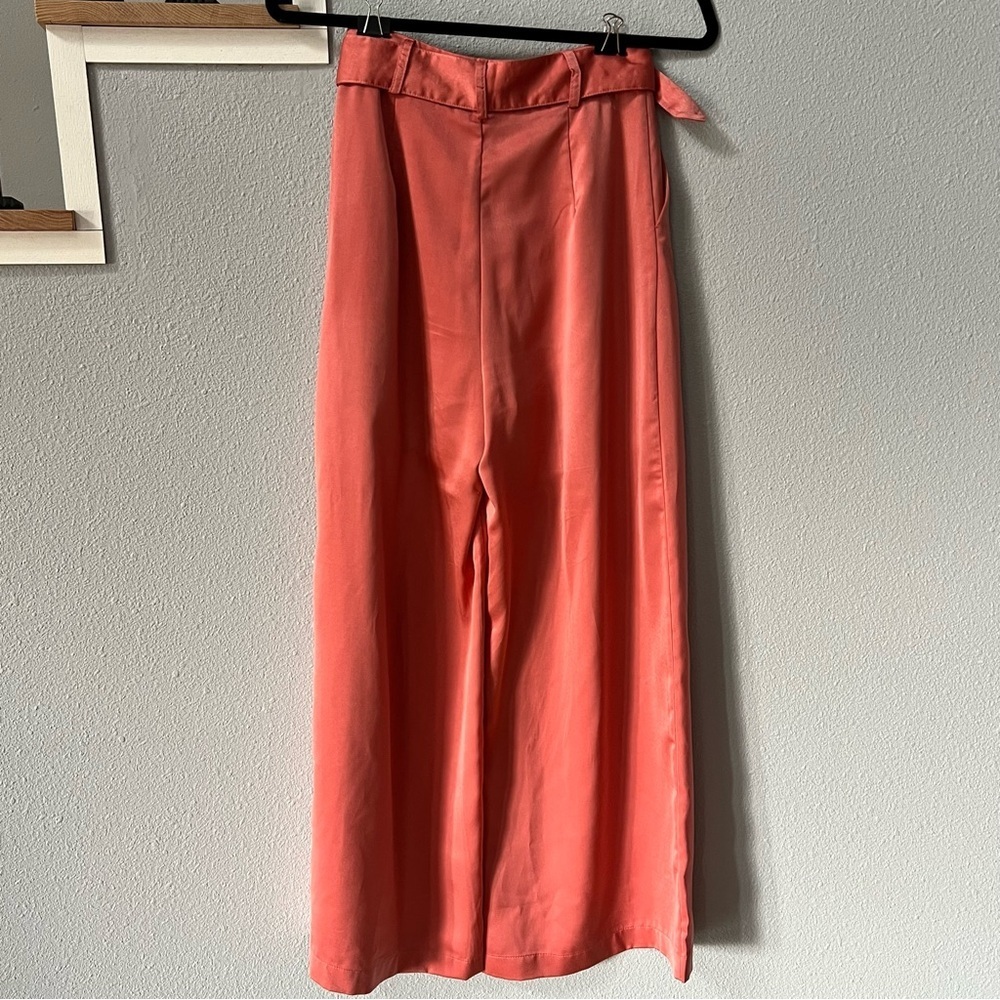 Vici Wide Leg Coral-Peach Silky Pants with Circular Buckle Belt - Picture 6 of 15